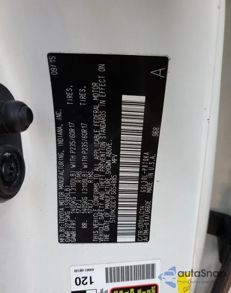 2015 Toyota Sienna Xle z USA, uszkodzony, nr VIN 5TDYK3DC1FS654885